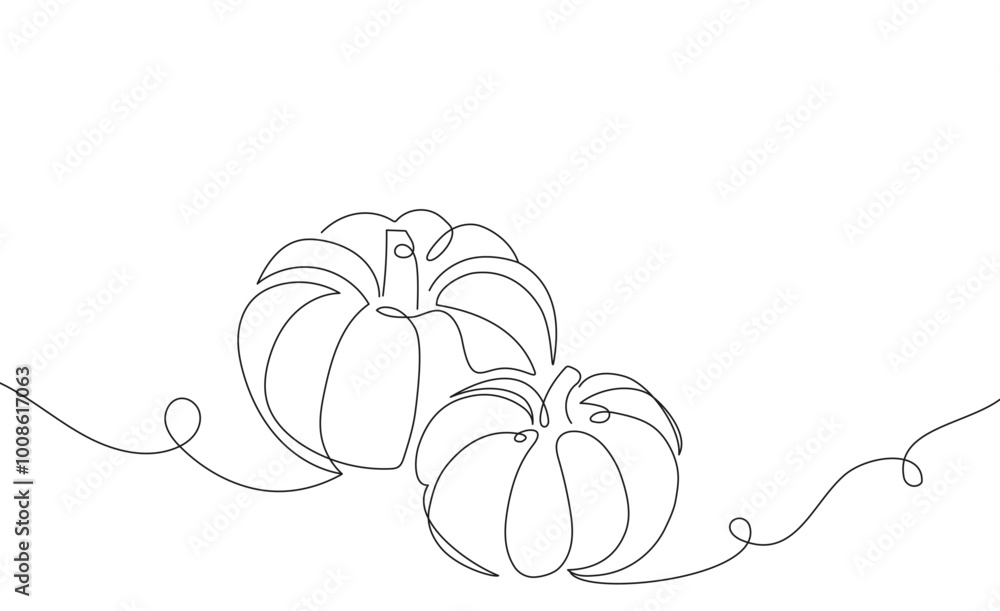 Continuous line drawing of pumpkins, outline autumn illustration. Editable stroke Continuous line drawing of pumpkins, outline autumn illustration. Editable stroke