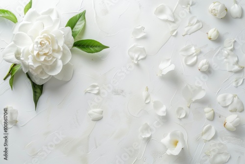 White Camellia Flower with Green Leaves on White Minimalist Background