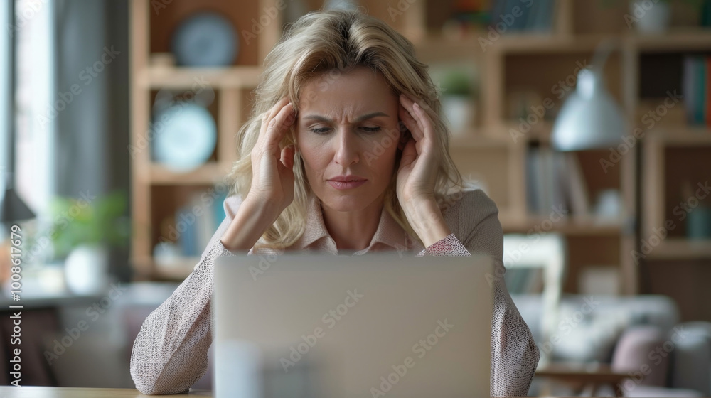 Tired middle-aged Caucasian business woman in the office in front of a laptop monitor holds her head from irritation and fatigue Tired middle-aged Caucasian business woman in the office in front of a laptop monitor holds her head from irritation and fatigue
