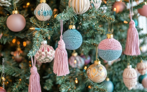 Artistic close-up of a boho Christmas tree adorned with pastel ornaments and handmade tassels for a cozy holiday vibe photo