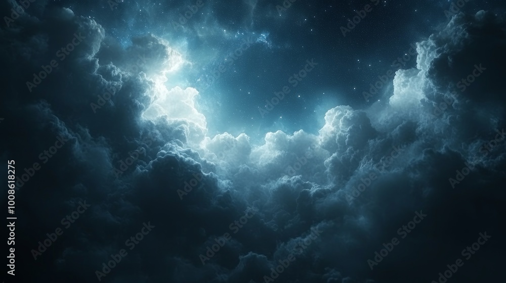 Fototapeta premium A night sky with bright stars shining through dark, swirling clouds.