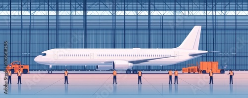 Airplane in hangar with ground crew, modern aviation facility.