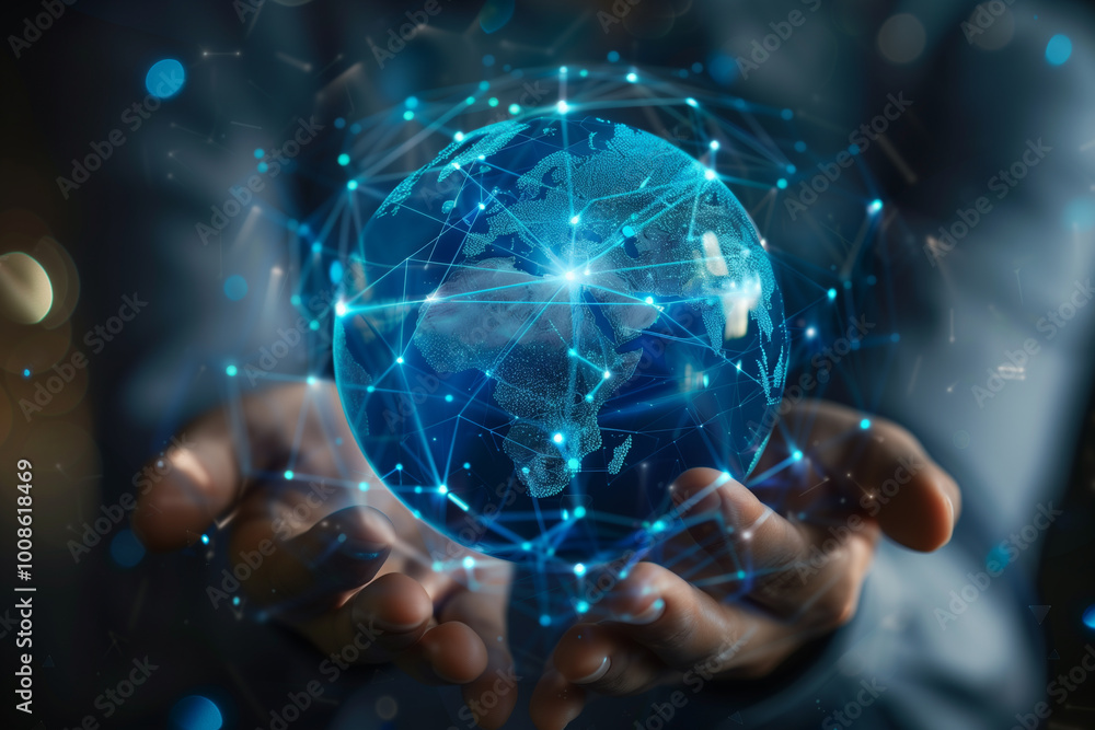 A person holding a glowing globe with a network of connections, symbolizing global communication and technology. The globe is illuminated with blue and green hues, showcasing continents and a web A person holding a glowing globe with a network of connections, symbolizing global communication and technology. The globe is illuminated with blue and green hues, showcasing continents and a web