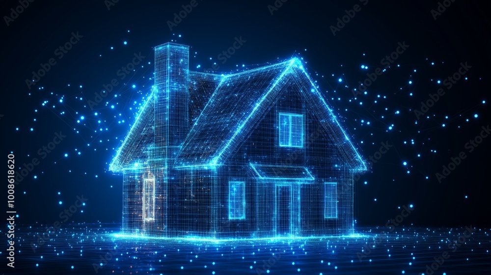 Glowing Digital Blueprint of a House Design Glowing Digital Blueprint of a House Design