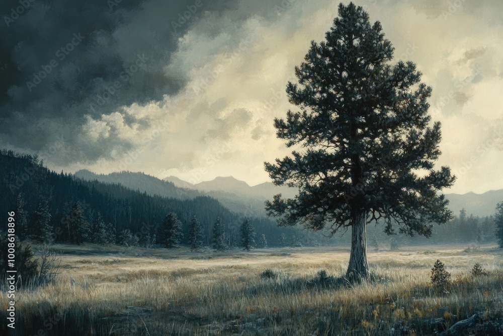 A Single Tree Stands Tall in a Field with Stormy Clouds and Distant Mountains A Single Tree Stands Tall in a Field with Stormy Clouds and Distant Mountains