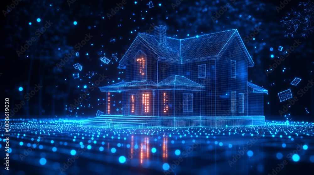 Digital House Surrounded by Glowing Particles Digital House Surrounded by Glowing Particles