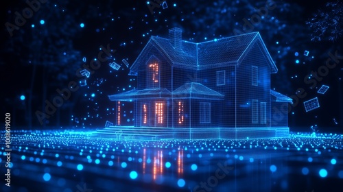 Digital House Surrounded by Glowing Particles