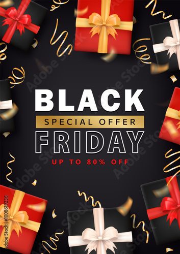 Design of Black Friday banner with super sale advertisement and 3d gift boxes with golden confetti. Promotional poster, discount card with presents and ribbon streamers for website or social media