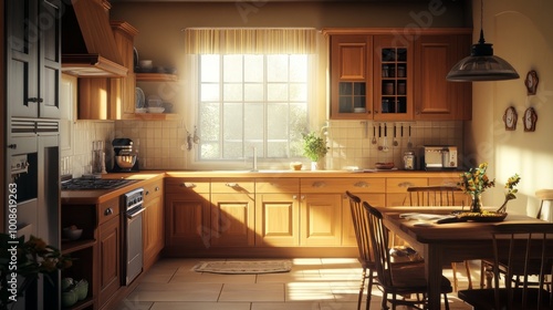 A warm and inviting traditional kitchen with wooden cabinets, a central dining table, and natural light streaming in