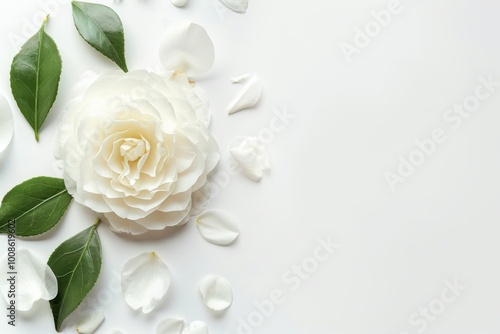 White Camellia Flower with Green Leaves on White Minimalist Background