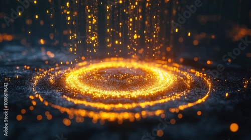 The artwork illustrates a Bitcoin transaction, showcasing glowing particles cascading downwards in a dark setting, symbolizing digital currency movement and energy