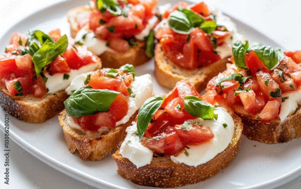 Toasted bruschetta topped with fresh tomatoes, basil, and mozzarella on a white plate, perfect for a summer appetizer gathering Toasted bruschetta topped with fresh tomatoes, basil, and mozzarella on a white plate, perfect for a summer appetizer gathering