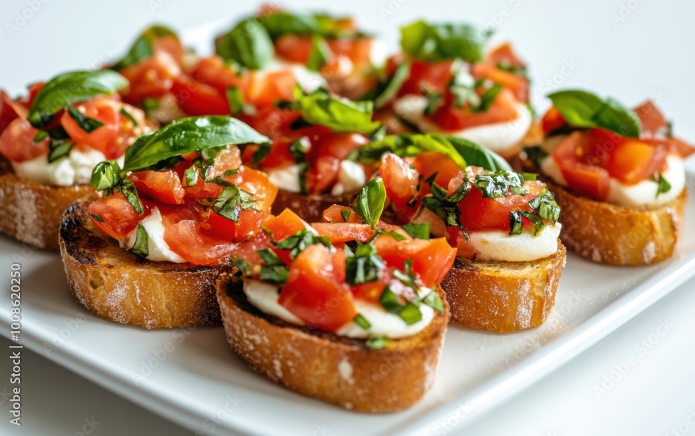 Toasted bruschetta topped with fresh tomatoes, basil, and mozzarella arranged on a tilted plate for a colorful presentation Toasted bruschetta topped with fresh tomatoes, basil, and mozzarella arranged on a tilted plate for a colorful presentation