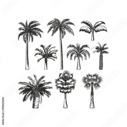 Set of palm tree engraved vintage design