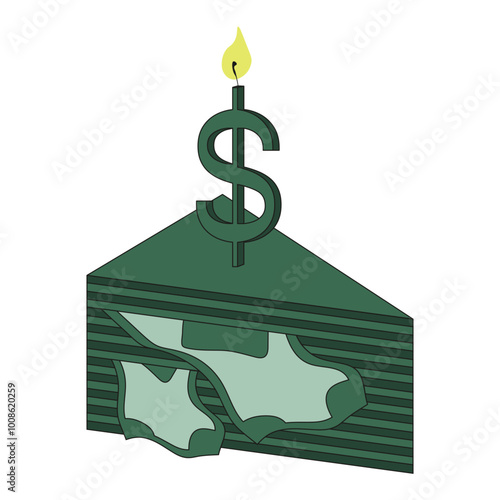 A piece of cake with dollars isolated transparent background. A cake made of dollars. Template design for finance greeting card cover design. Vector illustration. EPS 10