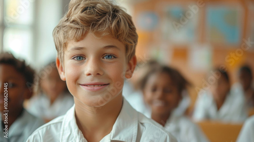 portrait of a Caucasian smiling schoolboy 12 years old in a school uniform sitting at a desk at school and looking at the camera
