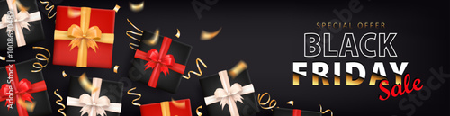 Template of sale header with 3d gift boxes, shiny confetti and golden text for BLACK FRIDAY event. Panoramic banner with party streamers and present packages with special offer for online shopping