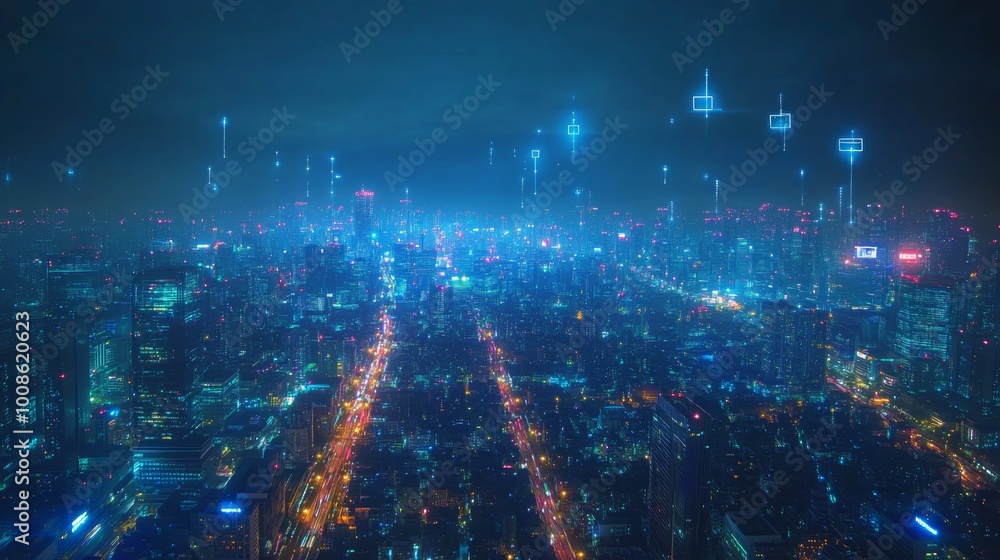 A panoramic view of a futuristic cityscape at night with glowing abstract symbols. A panoramic view of a futuristic cityscape at night with glowing abstract symbols.