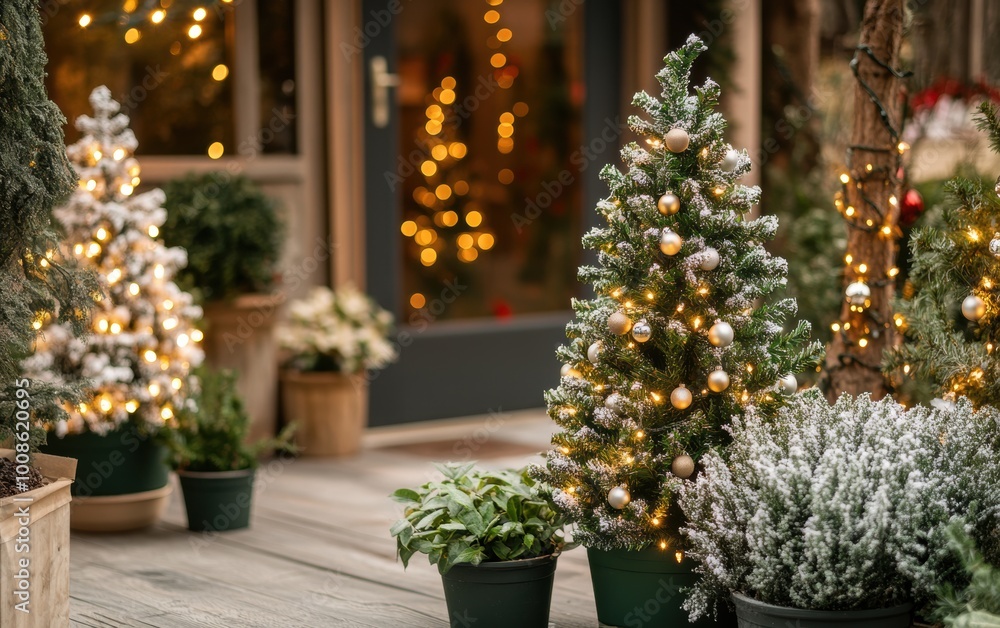 Charming outdoor holiday display with potted mini Christmas trees adorned with eco-friendly ornaments and twinkling lights Charming outdoor holiday display with potted mini Christmas trees adorned with eco-friendly ornaments and twinkling lights