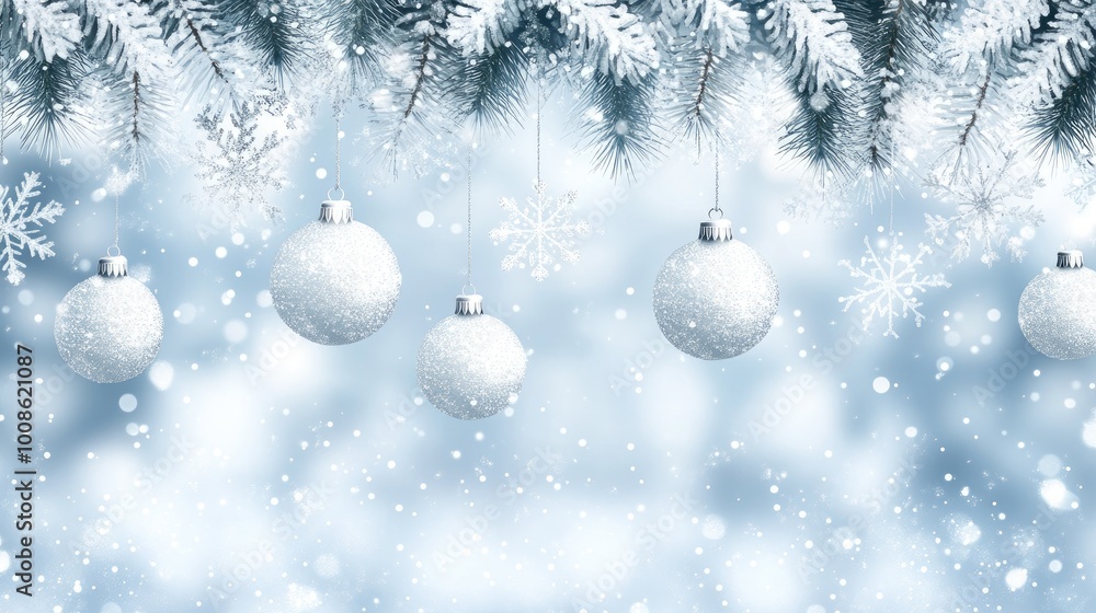 Elegant Christmas banner design with white and silver Christmas balls, snowflakes, and soft snow falling, ideal for a seasonal design template or festive greeting card. Elegant Christmas banner design with white and silver Christmas balls, snowflakes, and soft snow falling, ideal for a seasonal design template or festive greeting card.