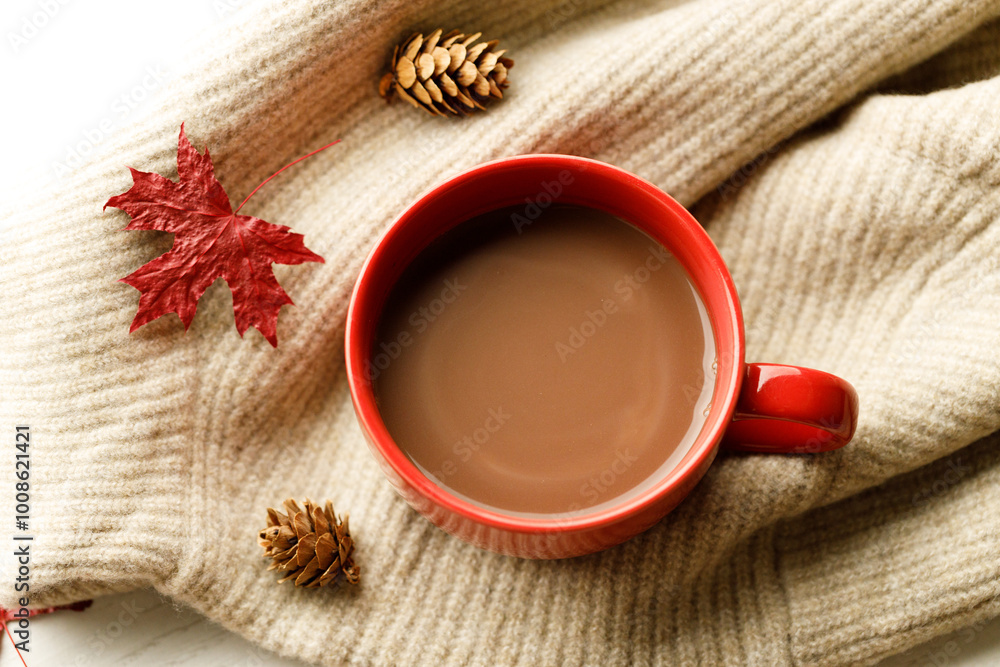 Hot chocolate drink in a red cup. Autumn Winter composition Hot chocolate drink in a red cup. Autumn Winter composition