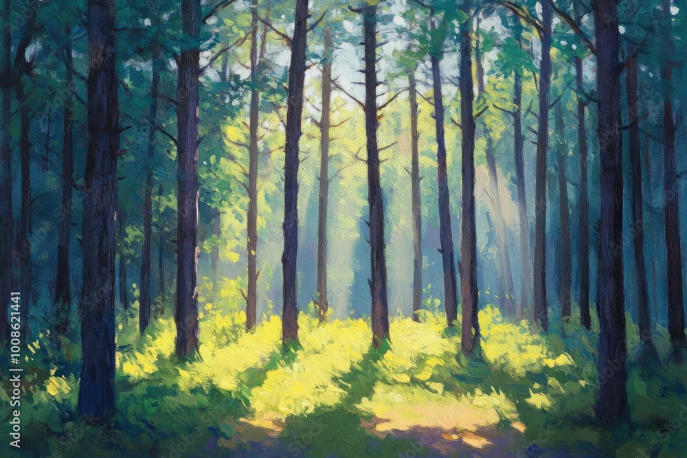 Fototapeta premium Sunbeams Through Tall Trees in a Dense Forest