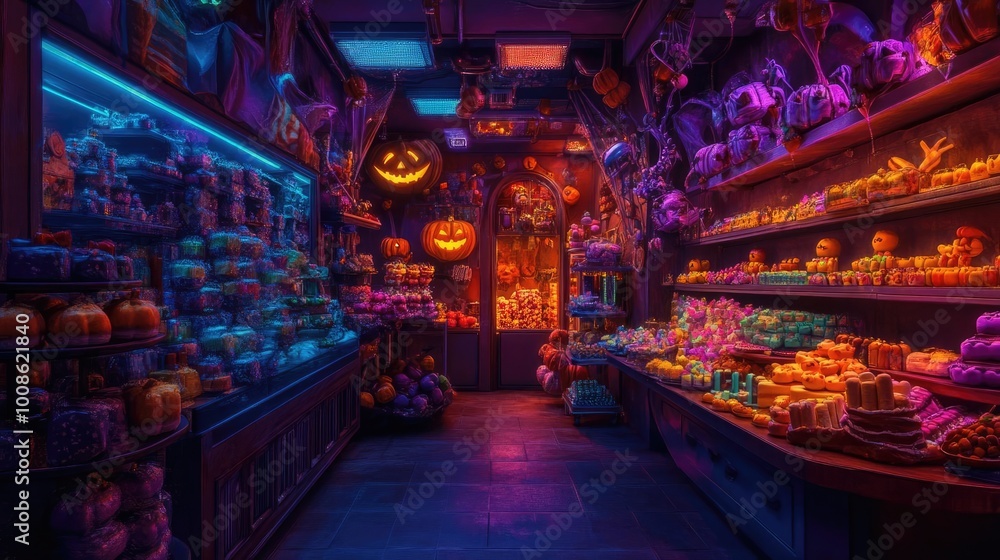 Fototapeta premium A vibrant Halloween shop filled with colorful decorations, glowing lights, and festive sweets, capturing the spooky spirit of autumn.