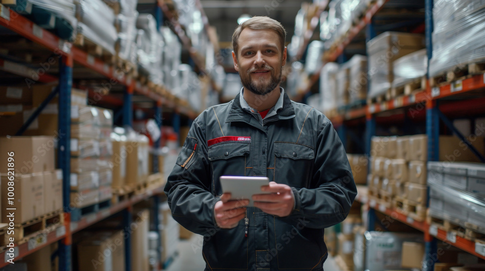smiling Caucasian warehouse or logistics center employee in uniform with a tablet computer in his hands looking at the camera against the background of shelves with boxes smiling Caucasian warehouse or logistics center employee in uniform with a tablet computer in his hands looking at the camera against the background of shelves with boxes