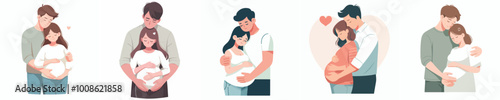 vector set of a husband and wife hugging their pregnant wife in a flat design style