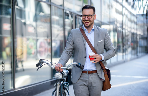 Smiling businessman drinking coffee on the way to the office. Business, education, lifestyle concept