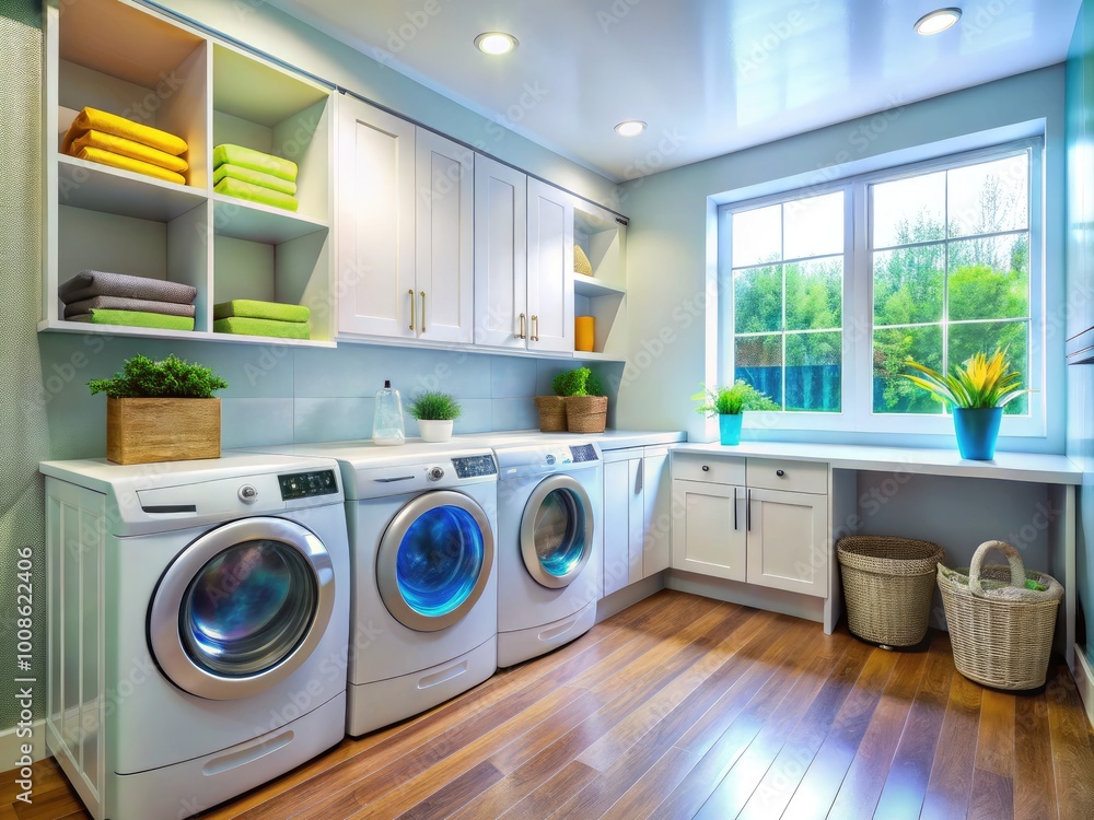 Modern Dryer and Laundry Machine in a Bright, Organized Laundry Room with Clean Clothes Inside Modern Dryer and Laundry Machine in a Bright, Organized Laundry Room with Clean Clothes Inside