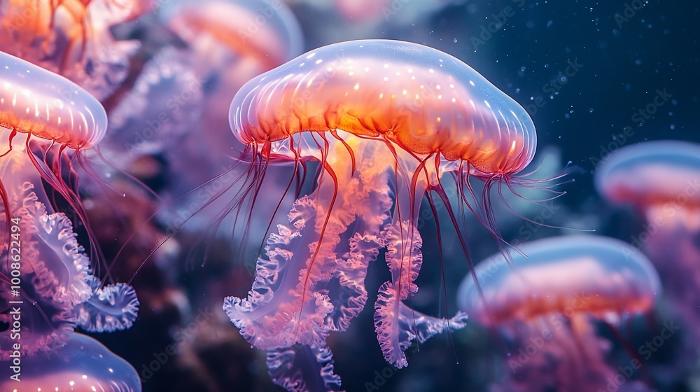 Fototapeta premium A close-up of a group of jellyfish swimming in a tank. The jellyfish are translucent and have long tentacles. The water is dark blue.