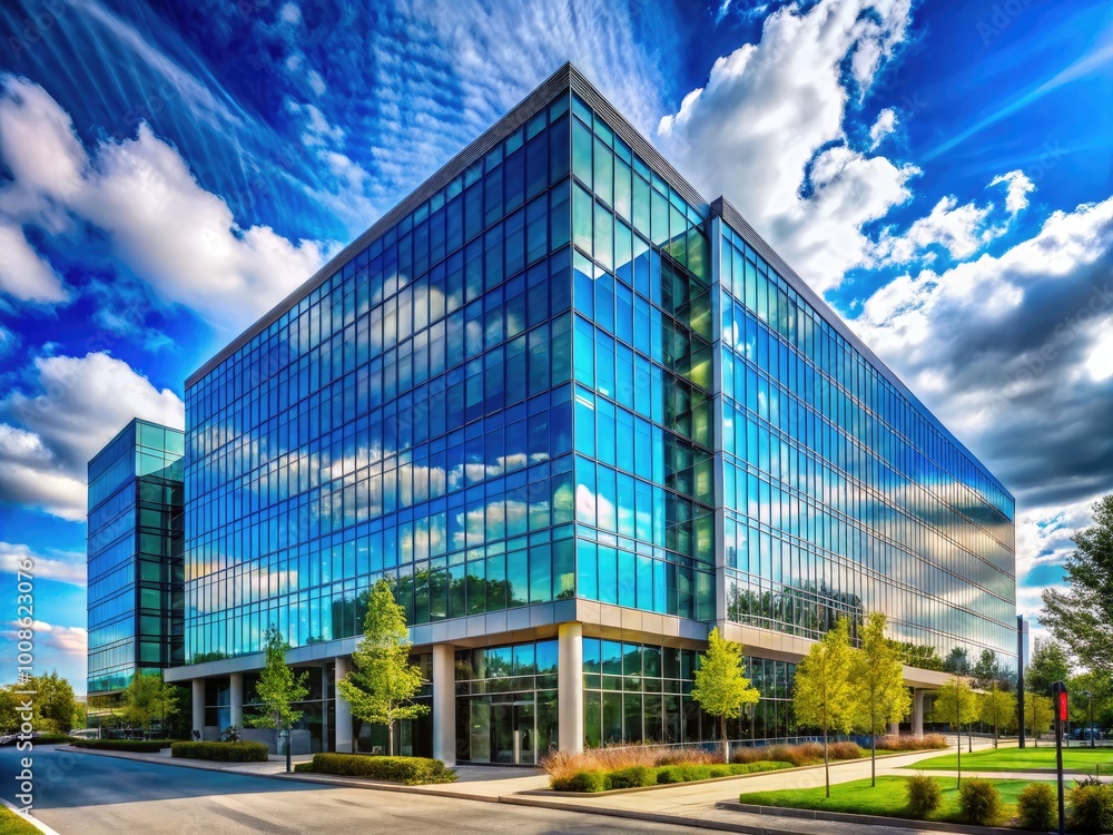 Fototapeta premium Modern Federal Office Building Exterior with Glass Facade and Blue Sky Background in Urban Setting