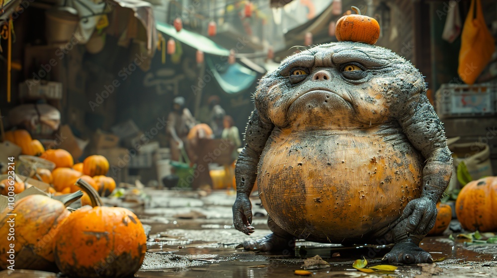 Surreal Creature with Pumpkin on Head in a Halloween Market Surreal Creature with Pumpkin on Head in a Halloween Market