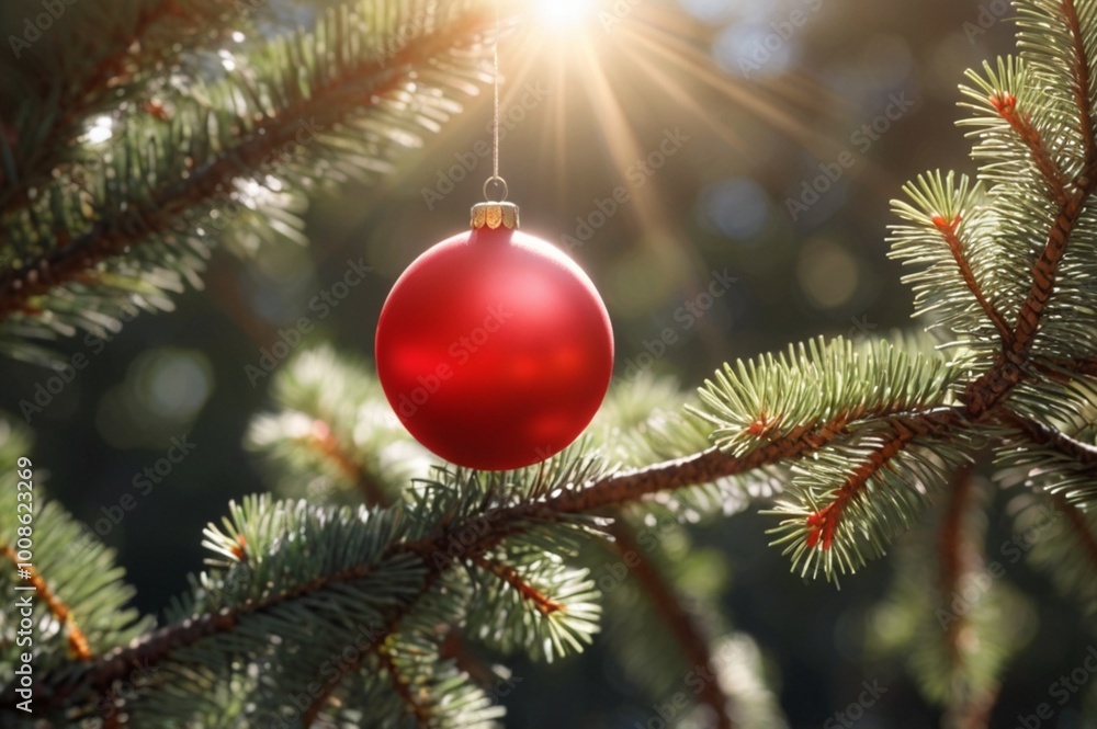 fir branch with a red Christmas ball against the backdrop of a winter landscape and sun rays fir branch with a red Christmas ball against the backdrop of a winter landscape and sun rays