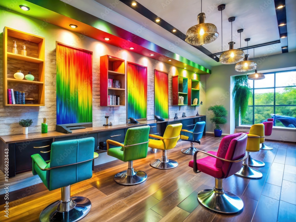 Fototapeta premium Modern Hair Salon Interior with Colorful Dye Products and Stylish Equipment for Hair Care Services
