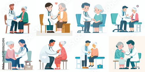 vector set of doctors examining a patient in a flat design style, which is simple and minimalist. white background