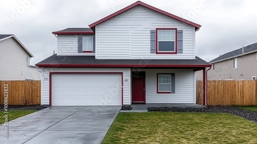 Front view of a newly built craftsman-style white house with red accents, nestled in a suburban neighborhood with manicured lawns, showcasing a modern and classic architectural blend.