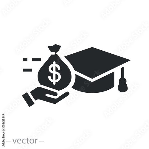 money loan and academy hat, education credit or scholarship, icon, college fee, tuition expenses, flat vector illustration
