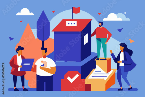 Civic engagement and voting on election day - diverse individuals and ballot box concept