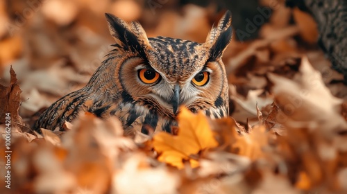 An owl camouflaged among the autumn leaves, its brown and gold feathers blending perfectly with the surrounding forest as it waits patiently for prey.