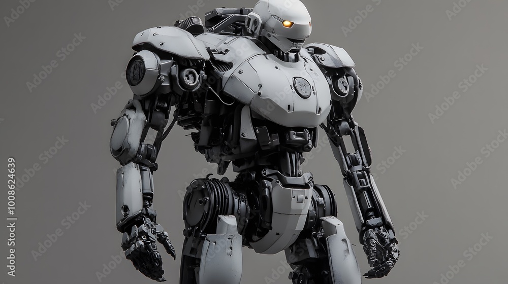 Fototapeta premium Mecha figure with realistic mechanical joints and powerful stance