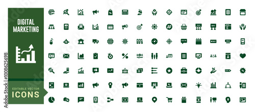 Digital marketing solid icon set. website, social media, seo, sales and more, Filled vector symbol collection. glyph icons for web and ui. Vector illustration.