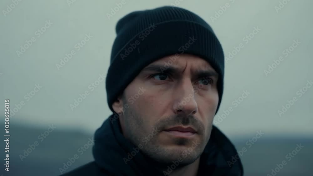 Thoughtful man in beanie staring into distance outdoors Thoughtful man in beanie staring into distance outdoors