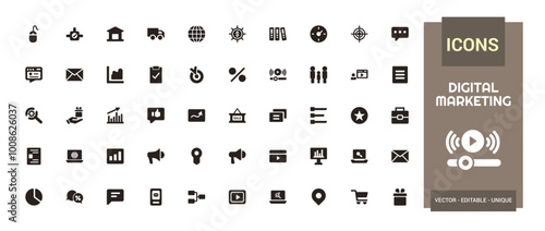 Digital marketing solid icon set. website, social media, seo, sales and more, Filled vector symbol collection. glyph icons for web and ui. Vector illustration.