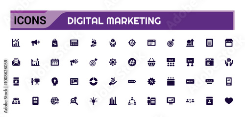 Digital marketing solid icon set. website, social media, seo, sales and more, Filled vector symbol collection. glyph icons for web and ui. Vector illustration.