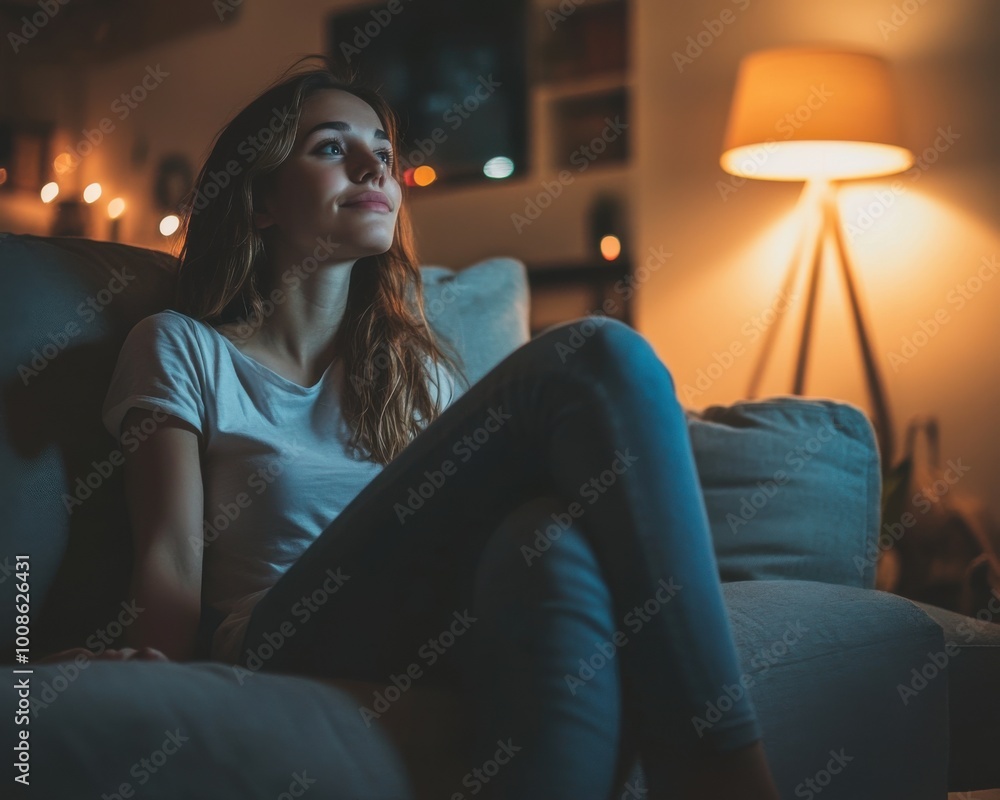 A woman is alone watching television in the evening. Leisure time activities of singles A woman is alone watching television in the evening. Leisure time activities of singles