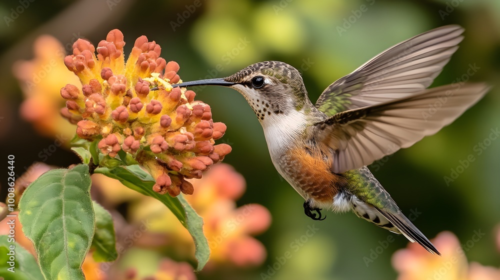 Fototapeta premium Close-up of a hummingbird pollinating a flower, vivid color texture and detail, in nature, soft natural lighting