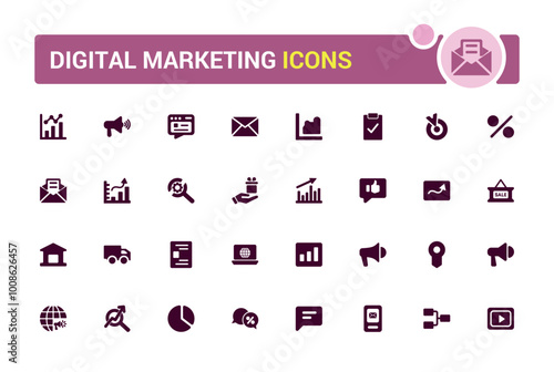 Digital marketing solid icon set. website, social media, seo, sales and more, Filled vector symbol collection. glyph icons for web and ui. Vector illustration.