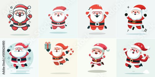 vector set of Santa jumping happily in flat design style